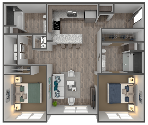 Floor plan for 2 beds, 2 baths, 992 sqft